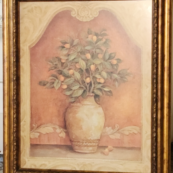 Framed Botanical Still Life Print with Peach Accents